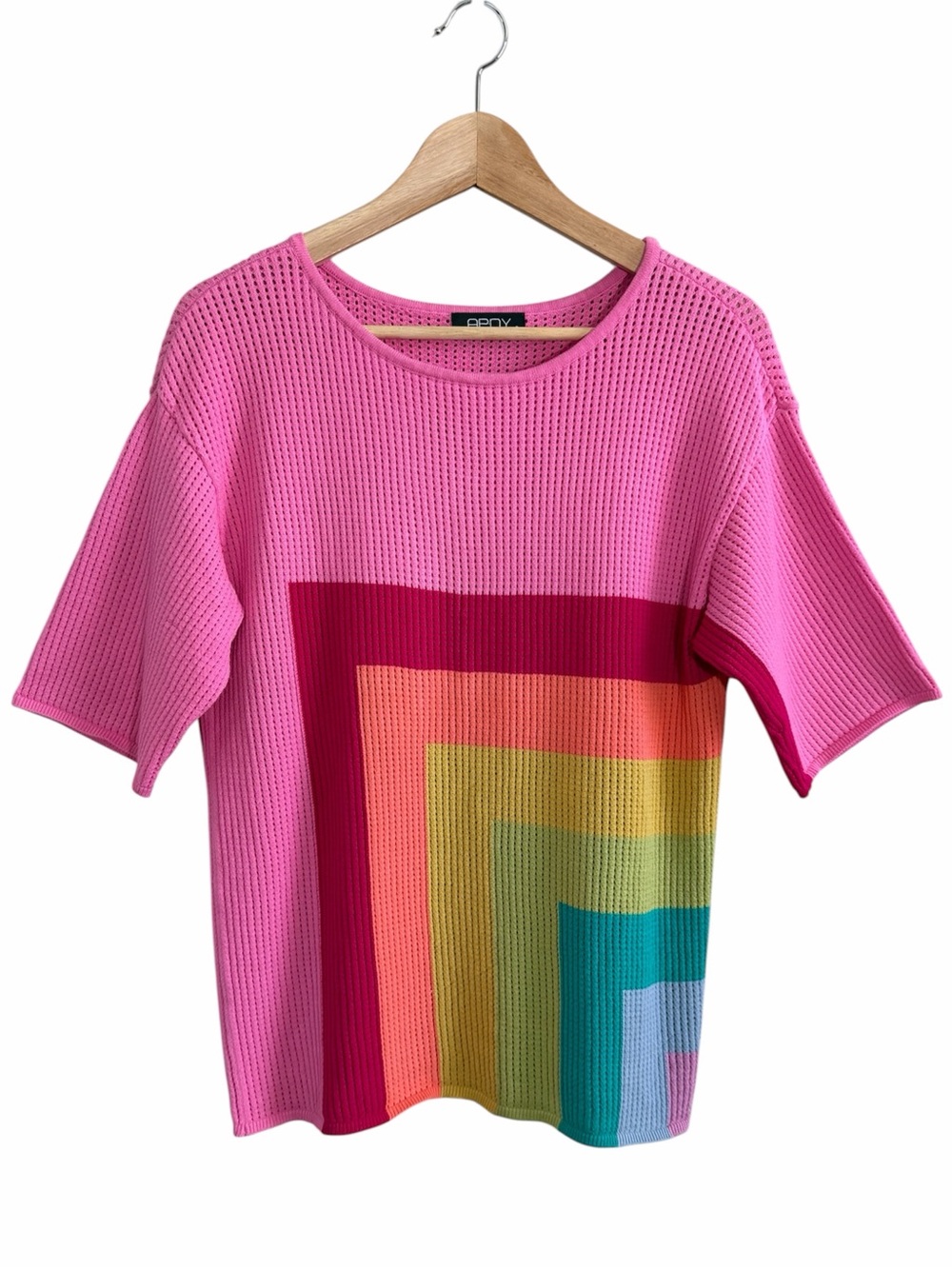 APNY Sweater Womens S Pink Rainbow Striped Tape Yarn Open Knit Short Slv Boho